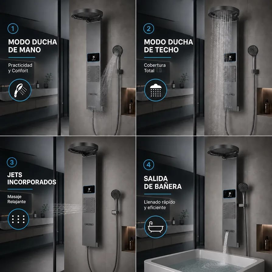 INEX EUROPA Panel de Ducha Termostática de Lujo Gris Titanio - Columna de Ducha Hidromasaje 10 Años de Garantía con 4 Modos de Operación - Torre de Ducha 105 cm Altura Daytona Collection